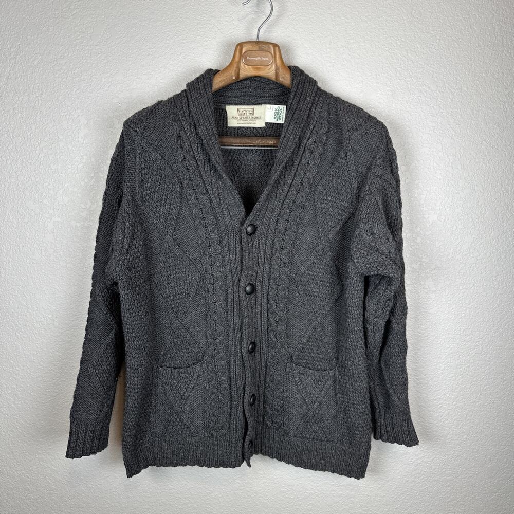 Aran Chunky Cable Knit Fisherman Cardigan Sweater Size L Gray Merino Wool Pocket